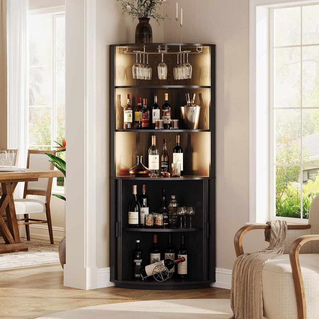 ComfyCorner 72" Tall Corner Bar Cabinet with LED Lights & Sliding Door