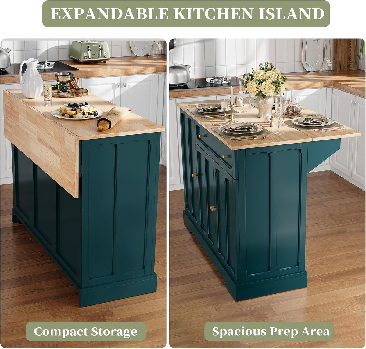 HLR Kitchen Island with Drop Leaf & Storage, Solid Rubber Wood Top Rolling Kitchen Cart with Carved Recessed Panel Doors, Large Mobile Island Table on Wheels for Kitchen, Dining Room (Green)