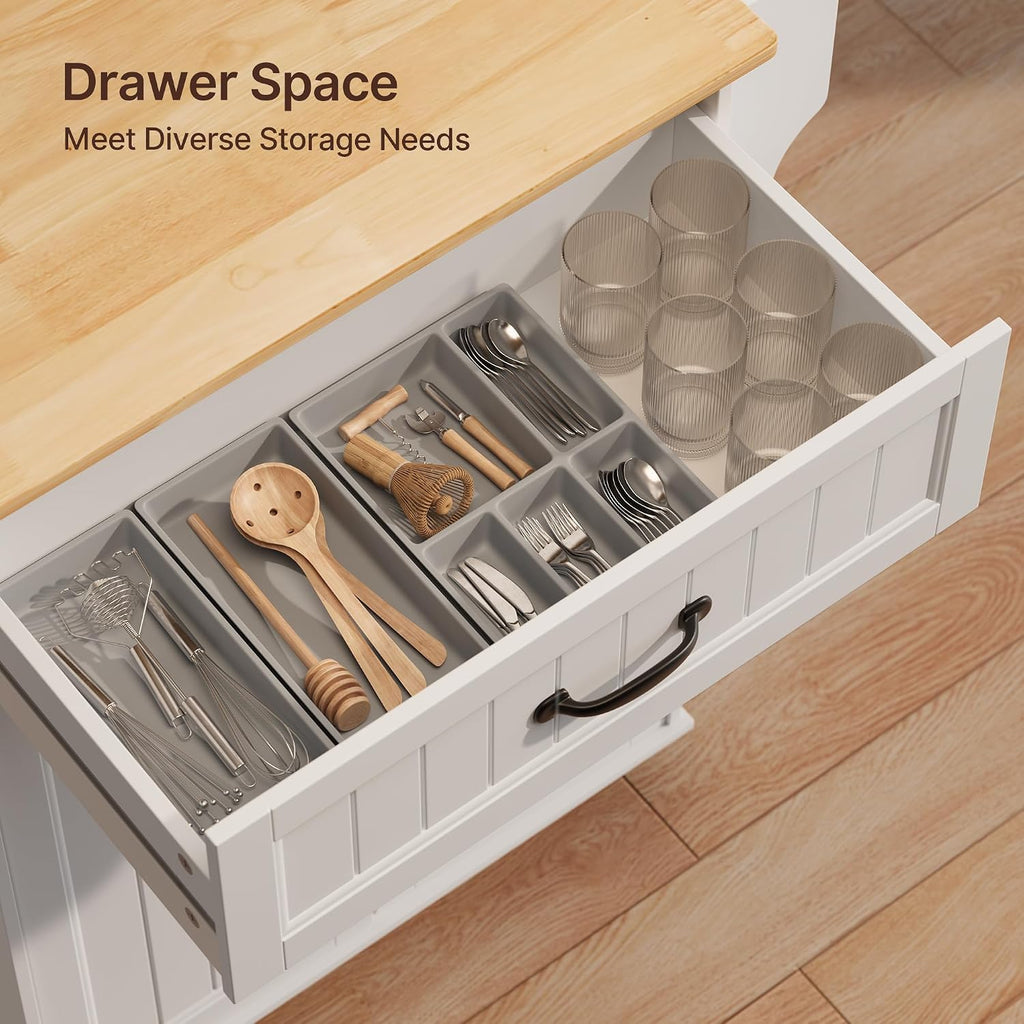 Gizoon Kitchen Island Cart with Adjustable Shelf, White, Tabletop-Oak Color