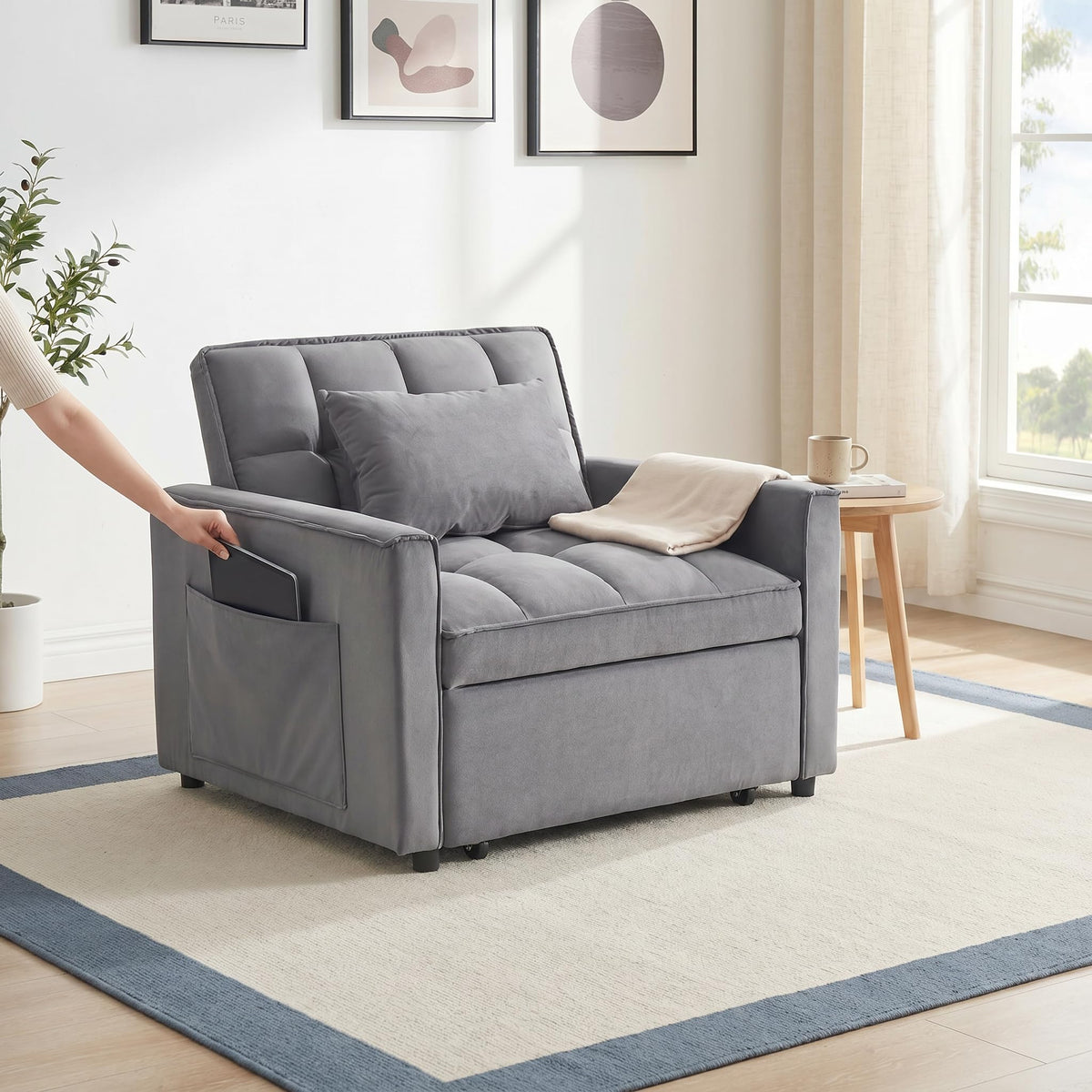 Convertible Sleeper Chair, Pull Out Sofa Bed with Adjustable Backrest & Hidden Storage Armrest, Single Sofa Recliner with USB Charging Port & Cup Holders for Living Room, Bedroom, Dark Gray