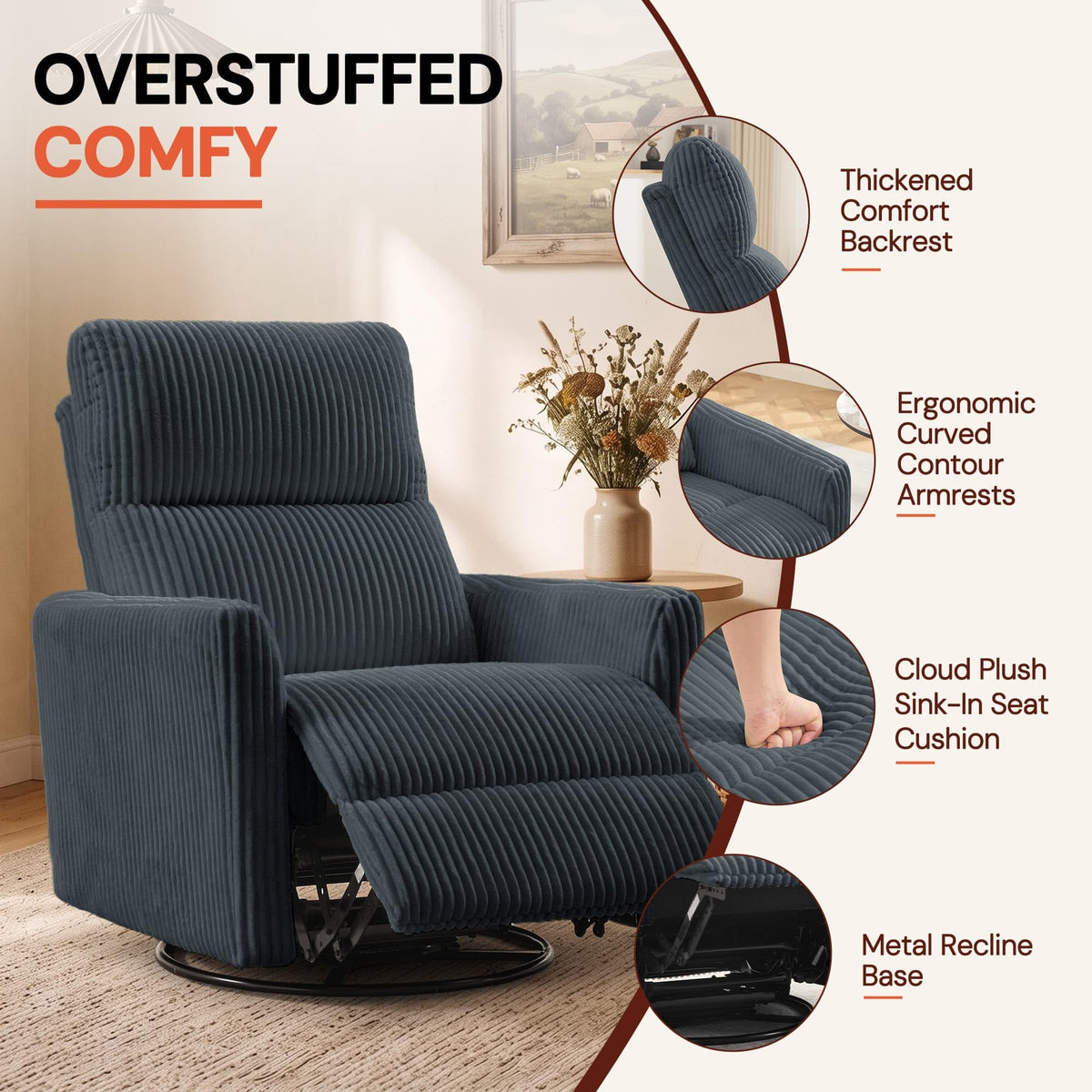 Korser 360Â° Swivel Glider Rocker Manual Recliner, High Back Corduroy Recliner with Curved Armrests, Beige Nursery Rocking Reclining Chair for Living Room Bedroom Adults