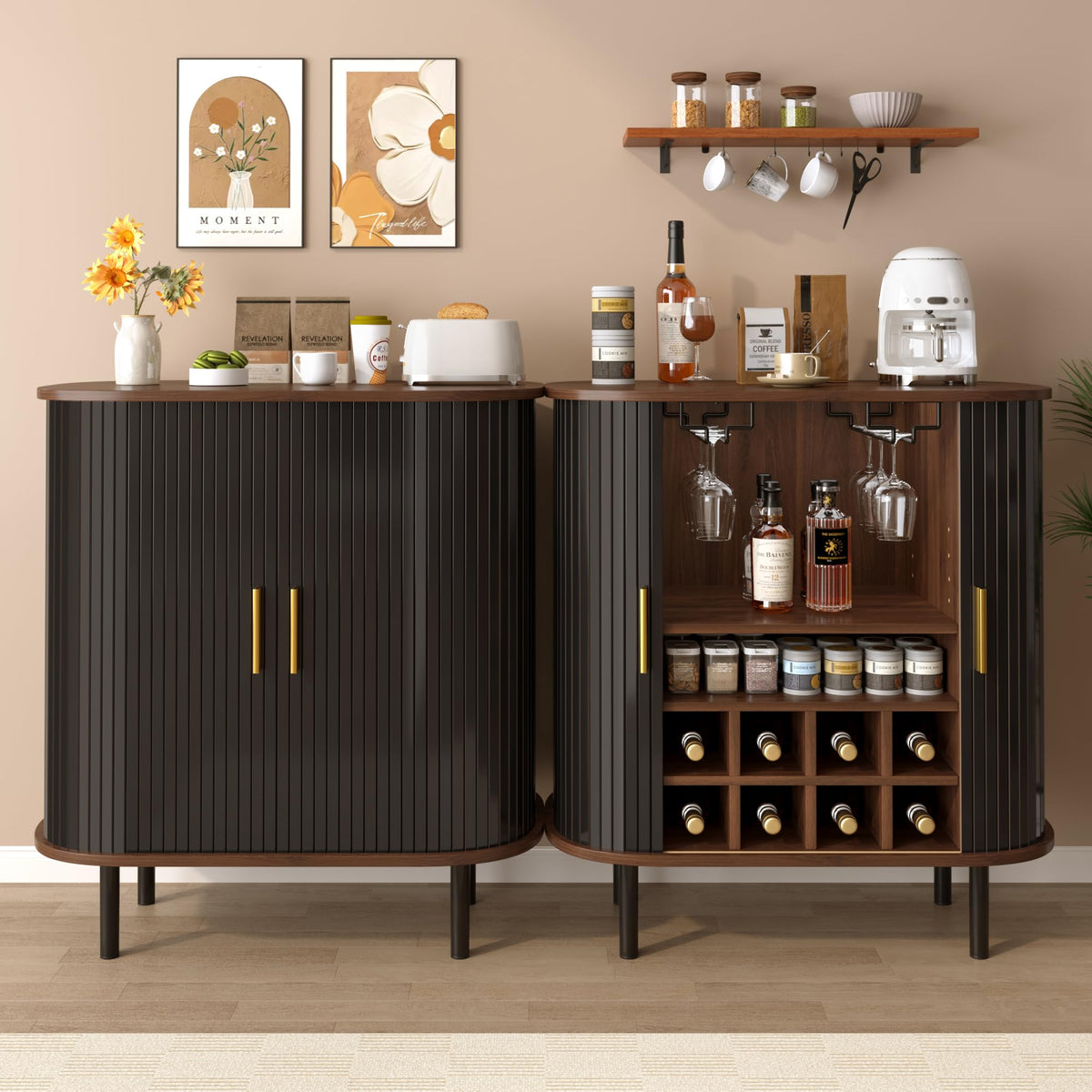 28" Fluted Wine Bar Cabinet with Storage, Modern Liquor Cabinets, Walnut