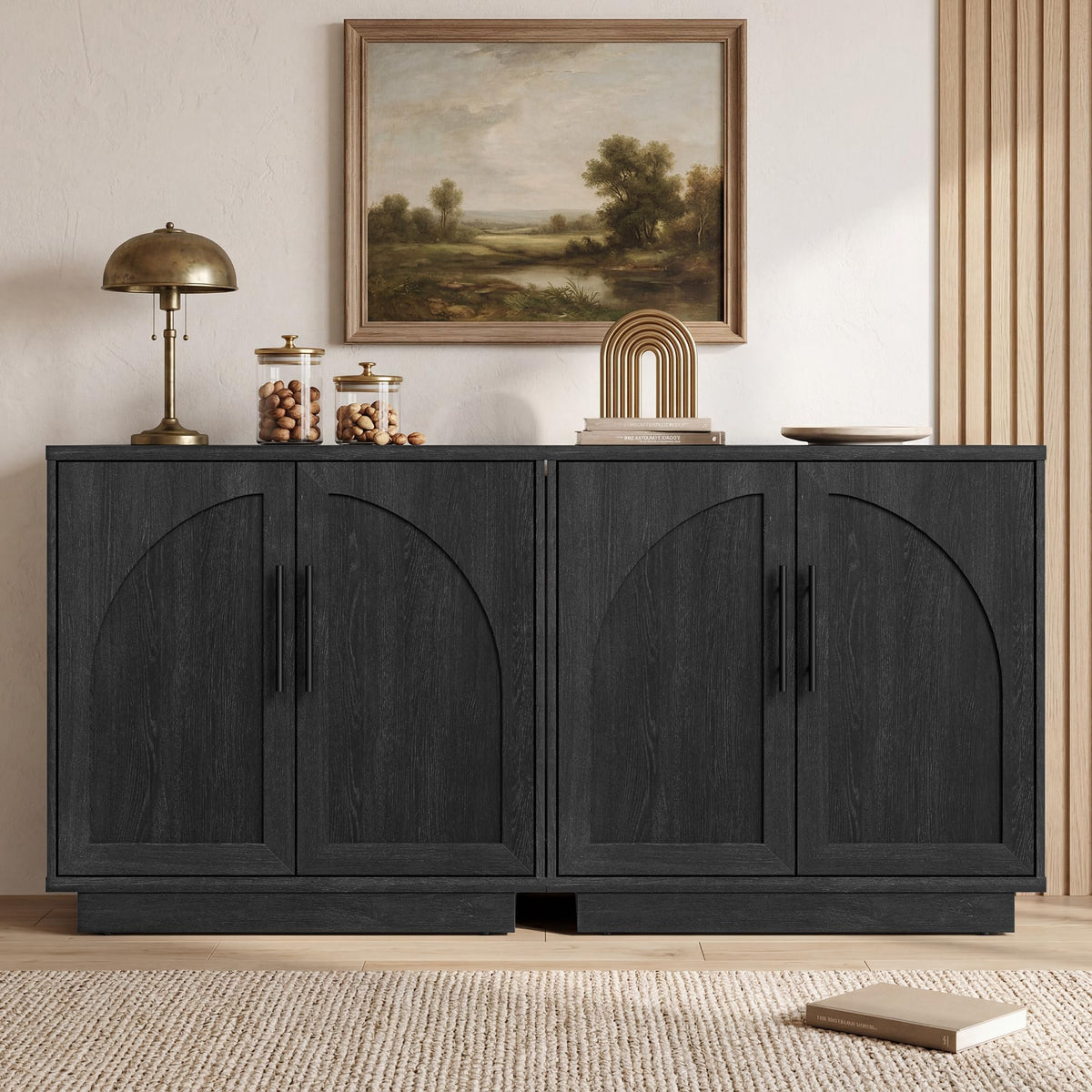 Fatmok 79" Tall Arched Pantry Cabinet with LED Light & Charging Station, Modern Coffee Bar Liquor Cabinet with Wine Rack & Glass Holder, Kitchen Storage Cabinet with Adjustable Shelves, Black Grey