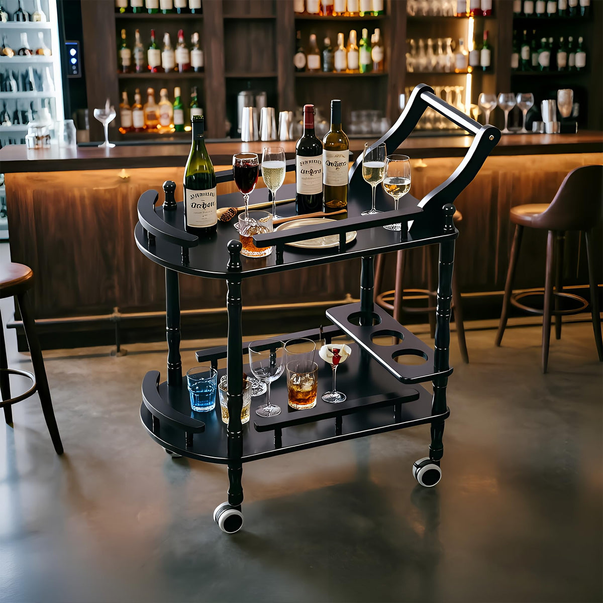 Entertainment Kitchen Cart, Midcentury Modern Imported rubberwood Brown Finished Wood 3-Tier Mobile Bar Cart Serving Cart