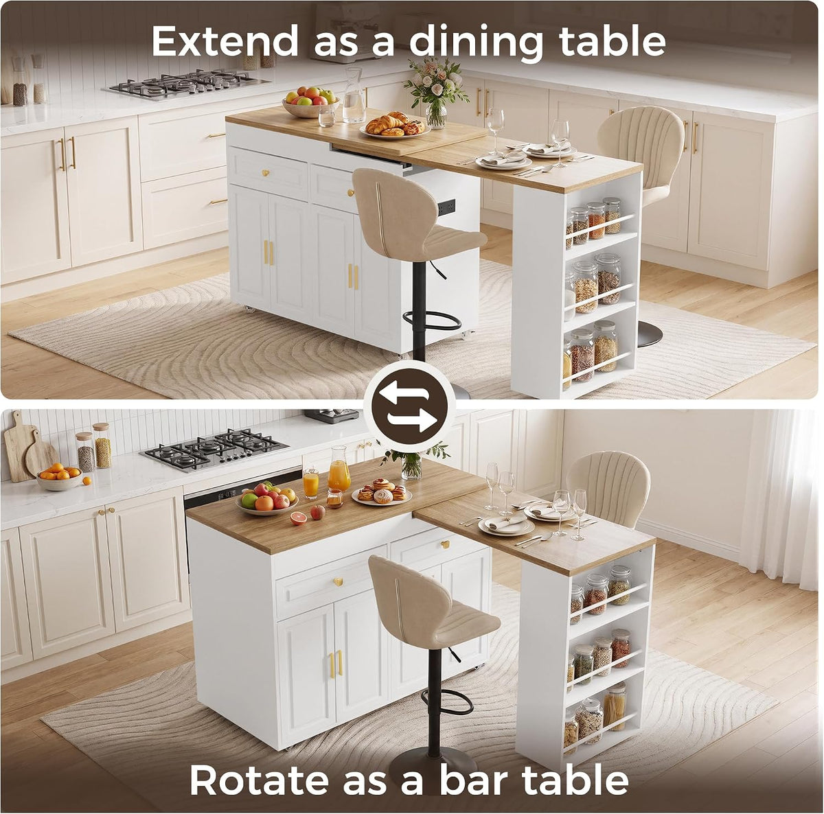 3-in-1 Extendable Kitchen Island with Extendable and Swivel Dining Table