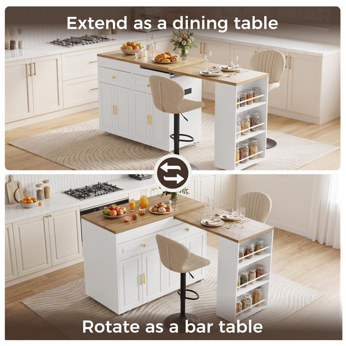 3-in-1 Extendable Kitchen Island with Extendable and Swivel Dining Table