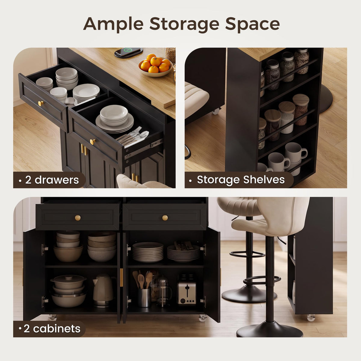 3-in-1 Extendable Kitchen Island with Extendable and Swivel Dining Table