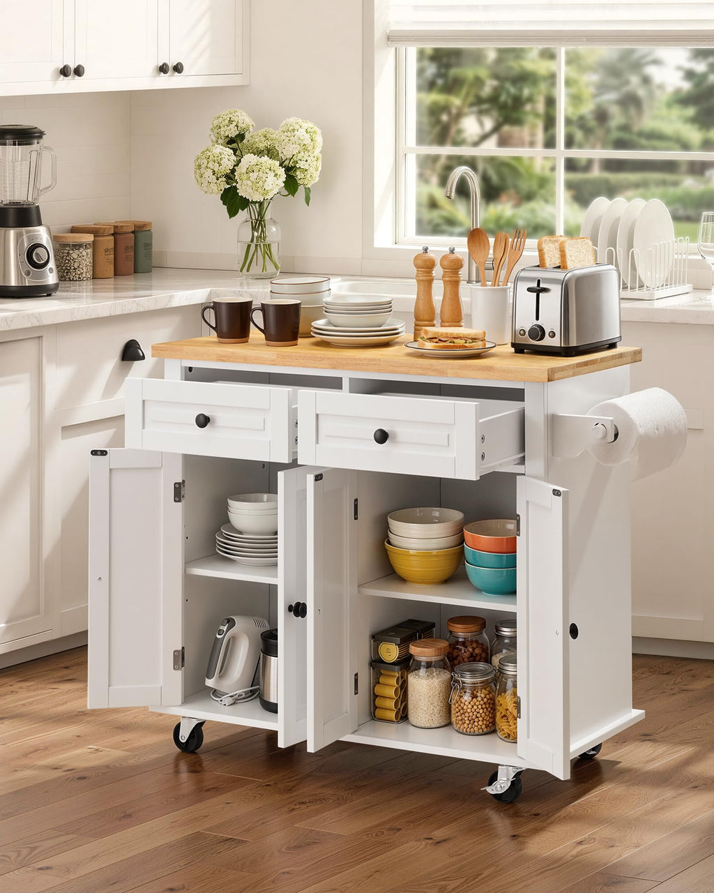 VEVOR Kitchen Island Cart with Storage, 47.64 in Wide Mobile Rolling Storage Island on Swivel Wheels, with 2 Drawers, Storage Cabinet, Drop Leaf, Towel Rack, Table for Home Dining Room, White