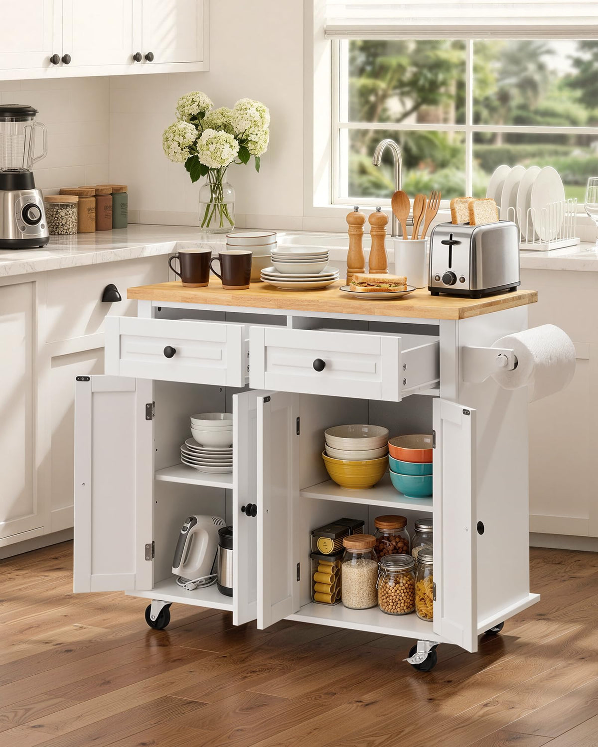 VEVOR Kitchen Island Cart with Storage, 47.64 in Wide Mobile Rolling Storage Island on Swivel Wheels, with 2 Drawers, Storage Cabinet, Drop Leaf, Towel Rack, Table for Home Dining Room, White
