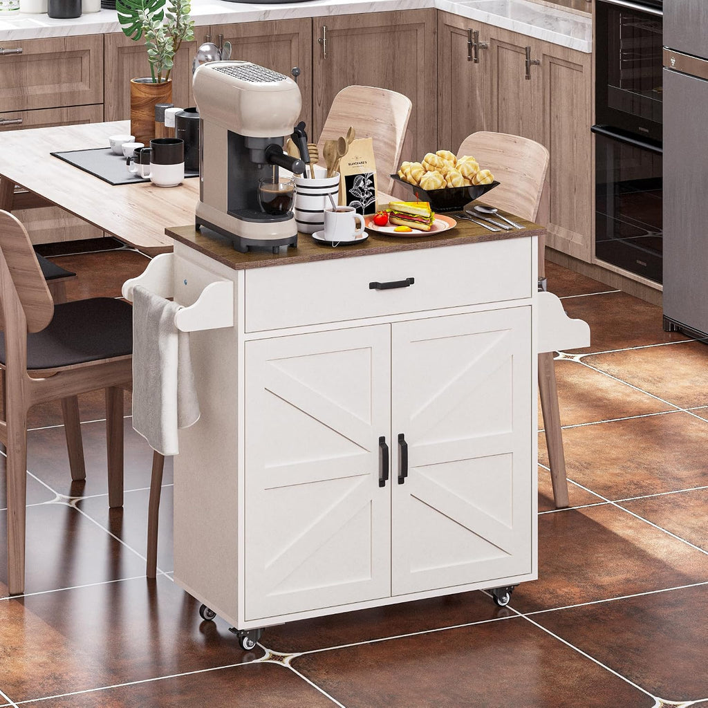 Wooden Kitchen Island on Wheels, Kitchen Storage Island with Spice Rack and Drawer, Rolling Kitchen Table with Towel Rack, Portable Islands on Wheels, for Home, Dining Room, 42" Wide White
