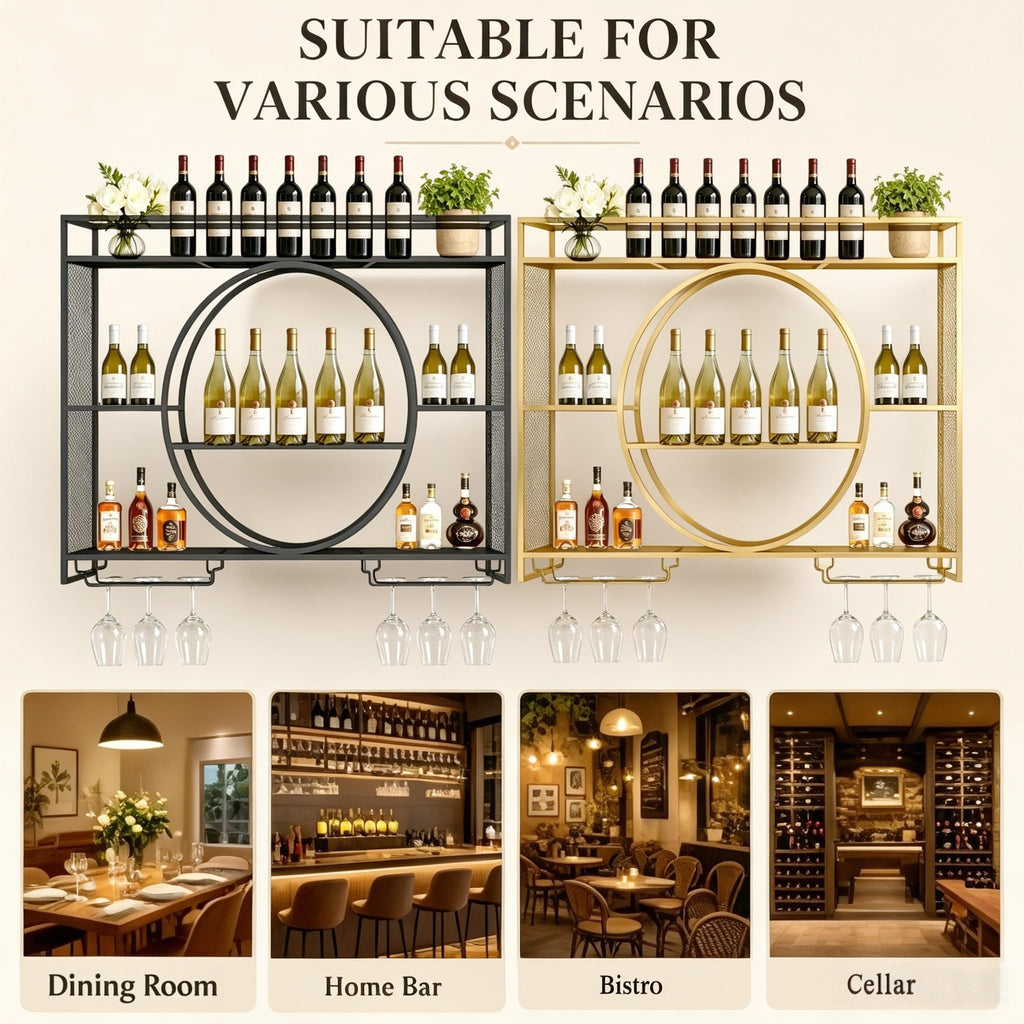 39" Upgrade Metal Wall Mounted Wine Rack, 3-Tier Large Capacity Hanging Bar Shelf, Modern Liquor Wall Shelves for Home & Dining, Gold