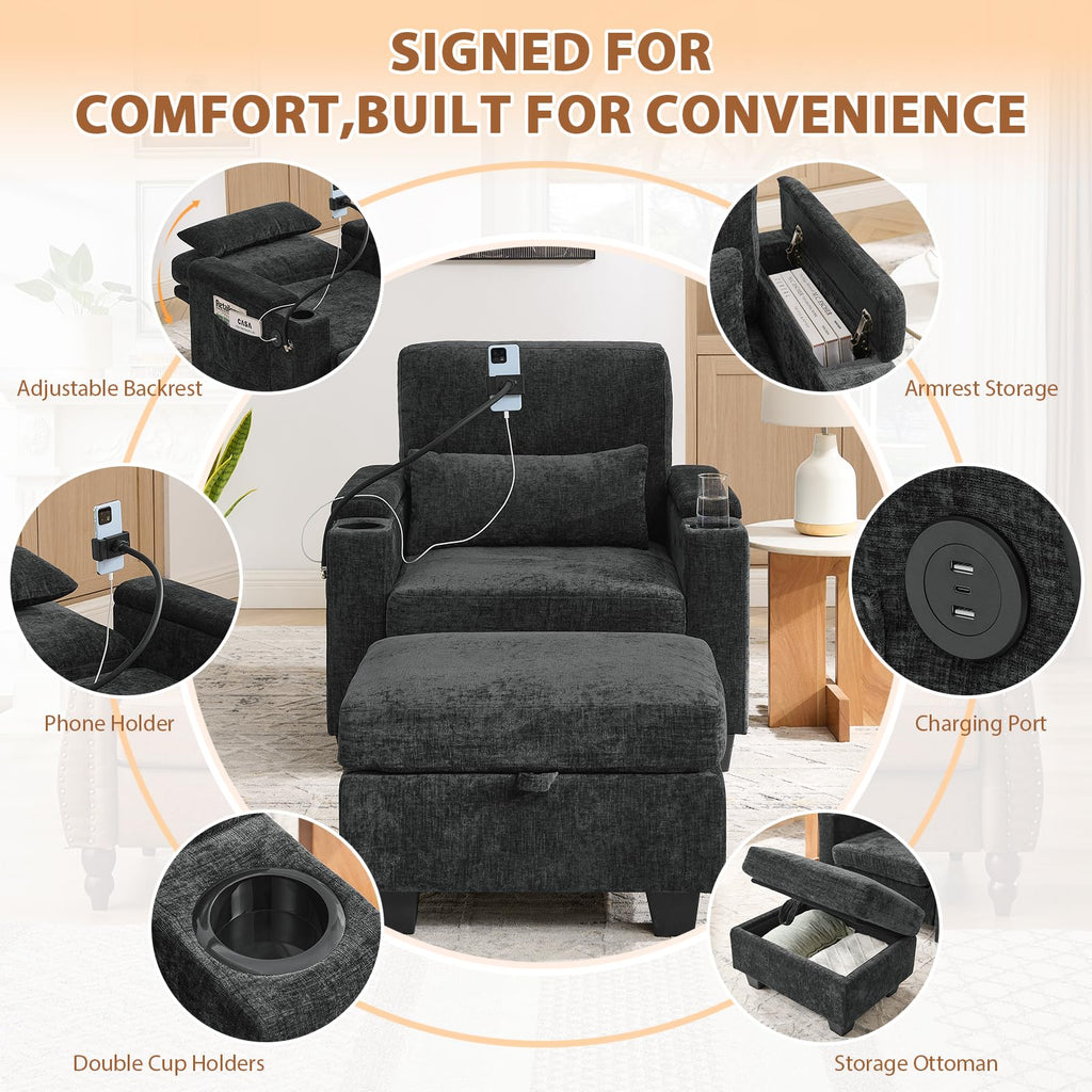 Oversized Chaise Lounge Chair Indoor, Single Convertible Recliner Reading Arm Sofa Chair W/Adjustable Backrest & Charging Port Couch Bed for Living Room, Home Theater & Bedroom, Brown
