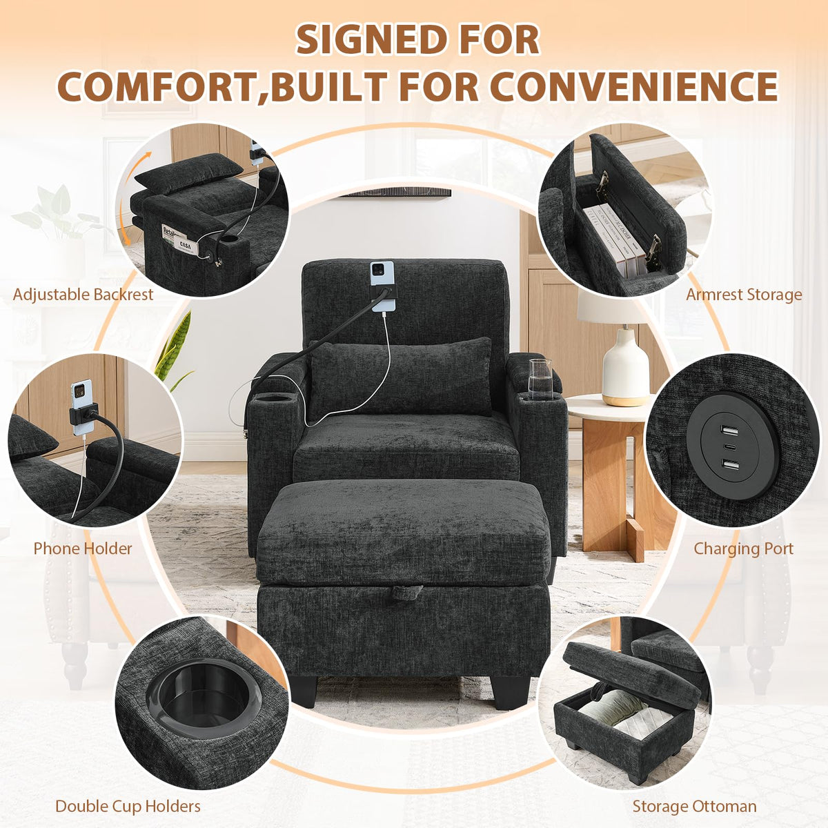 Oversized Chaise Lounge Chair Indoor, Single Convertible Recliner Reading Arm Sofa Chair W/Adjustable Backrest & Charging Port Couch Bed for Living Room, Home Theater & Bedroom, Brown