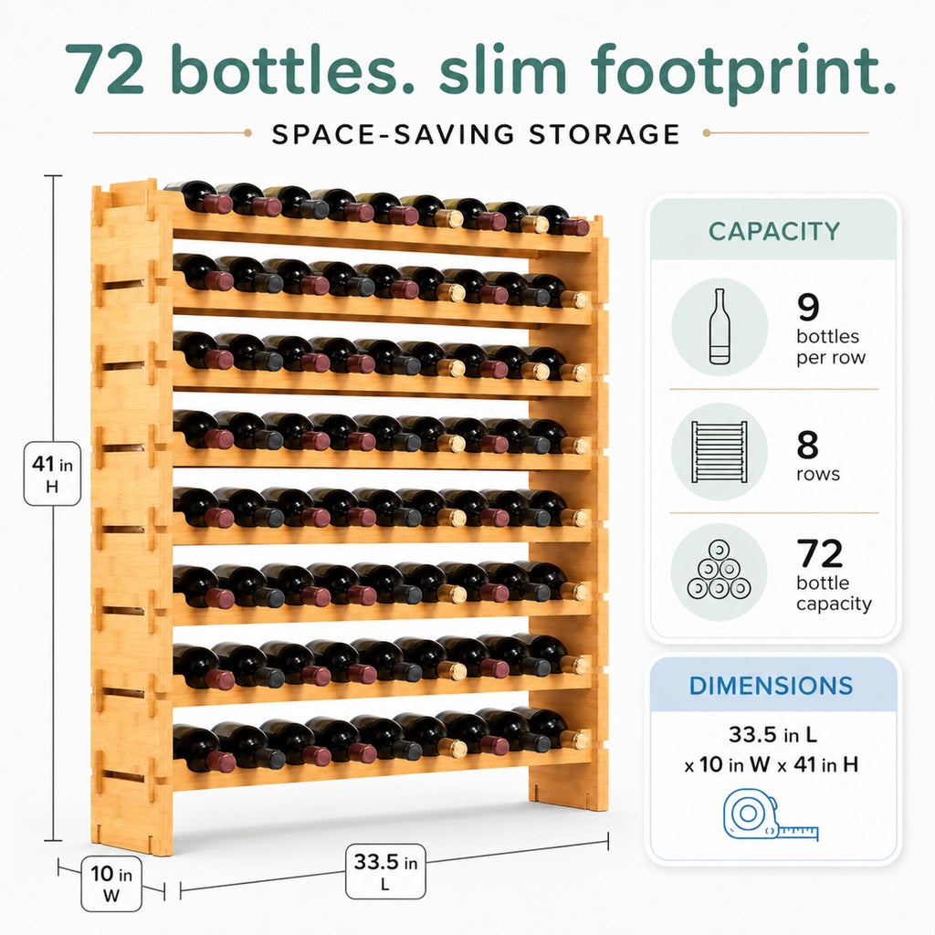 NutriChef 108 Bottle Stackable Modular Wine Rack, Upgraded 1â Thick Sideboard, .5â Rack Sticks, Sturdy Wobble Free Natural Bamboo Construction, Protective Moisture Resistant Finish, 33.5" x 10" x 63"