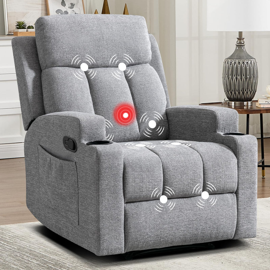 CANMOV Manual Recliner Chair with Massage and Heat, Soft Fabric Recliner Chair with Overstuffed Arm and Back, Manual Reclining Single Sofa with 2 Cup Holders, Side Pocket for Living Room, Dark Grey