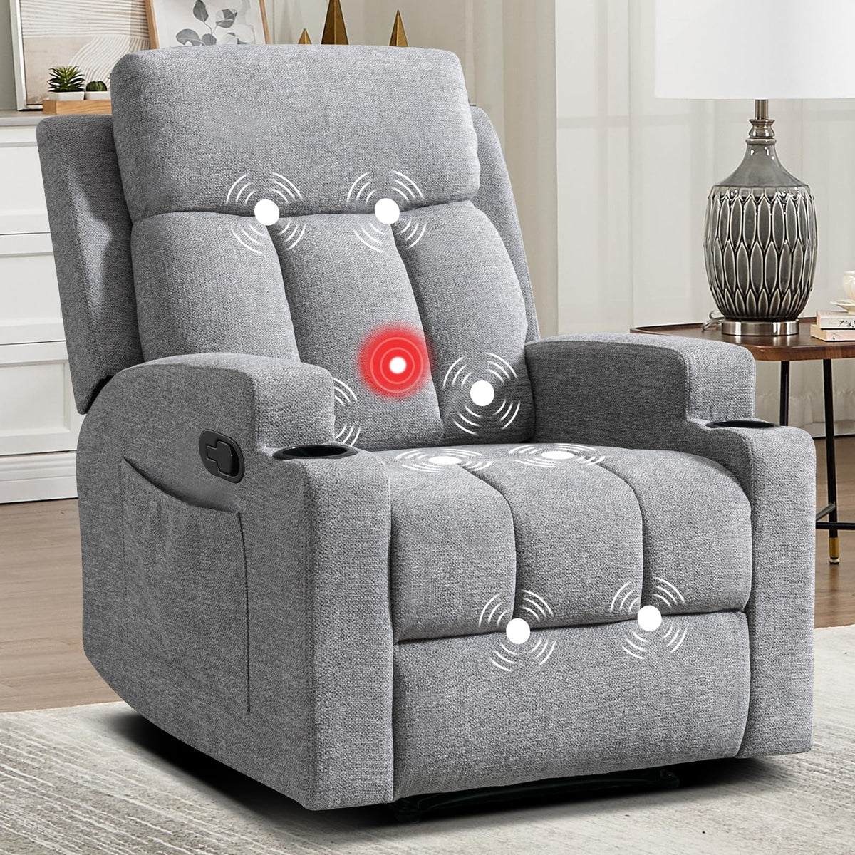 CANMOV Manual Recliner Chair with Massage and Heat, Soft Fabric Recliner Chair with Overstuffed Arm and Back, Manual Reclining Single Sofa with 2 Cup Holders, Side Pocket for Living Room, Dark Grey