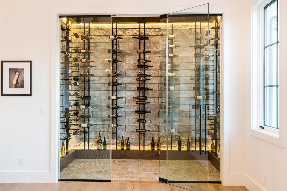 Ultra Wine Racks Floor-to-Ceiling Mount Display (1 Side, Double Deep, Black, Holds 42 Wine Bottles) - Modern Metal Wine Storage for Wine Cellars, Home Bars, Kitchens, and Dining Rooms