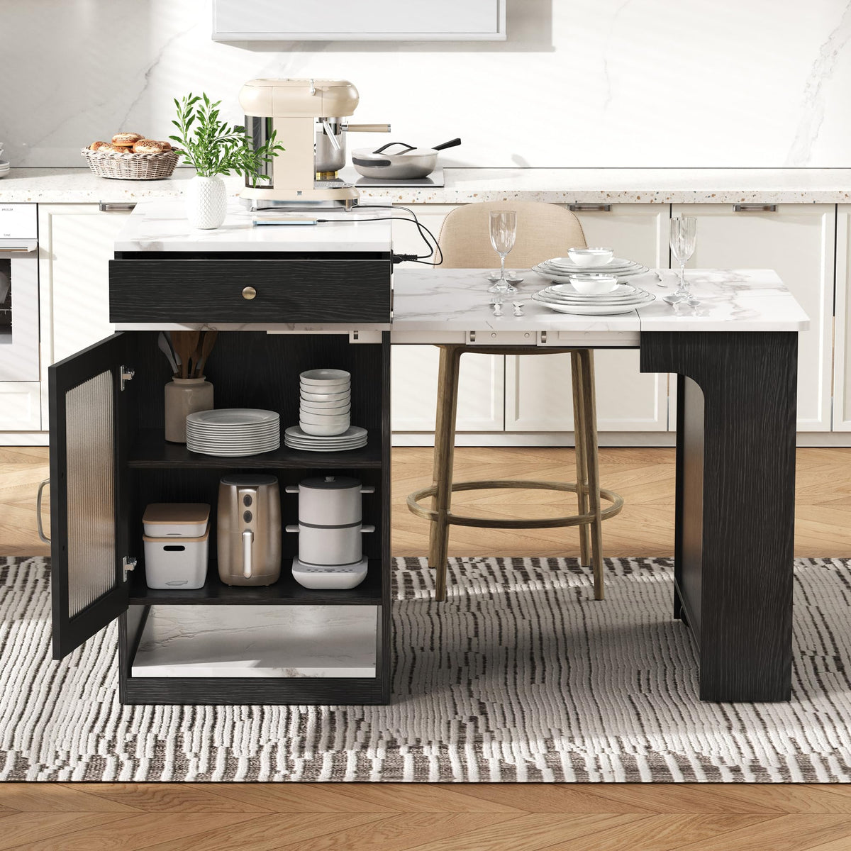Extendable Dining Table with Folding Tabletop & Power Outlet, Modern Kitchen Island Sideboard with Wheels, Hidden Drawers & USB Charging, Sturdy Buffet Table for Small Spaces (Black)