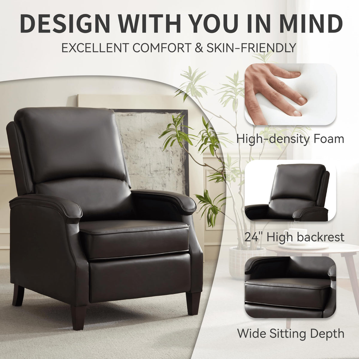 VKNOW Recliner Chair, Fabric Recliner with Adjustable Back, Brown