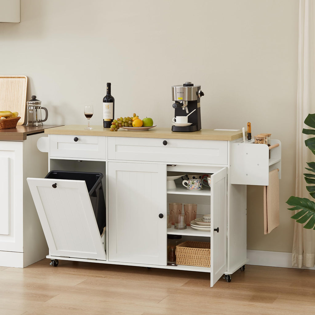 ONBRILL 60" Kitchen Island with Trash Can Storage, Rolling Island Table