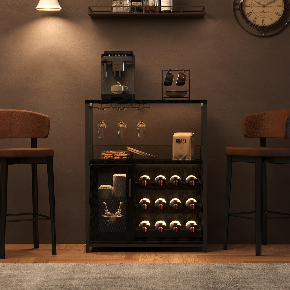 3-Tier Wine Bar Cabinet with Removable Wine Rack, Liquor Storage Cabinet with Glass Holder & Mesh Door, Coffee Bar Sideboard Buffet for Living Room or Dining Room, Gray