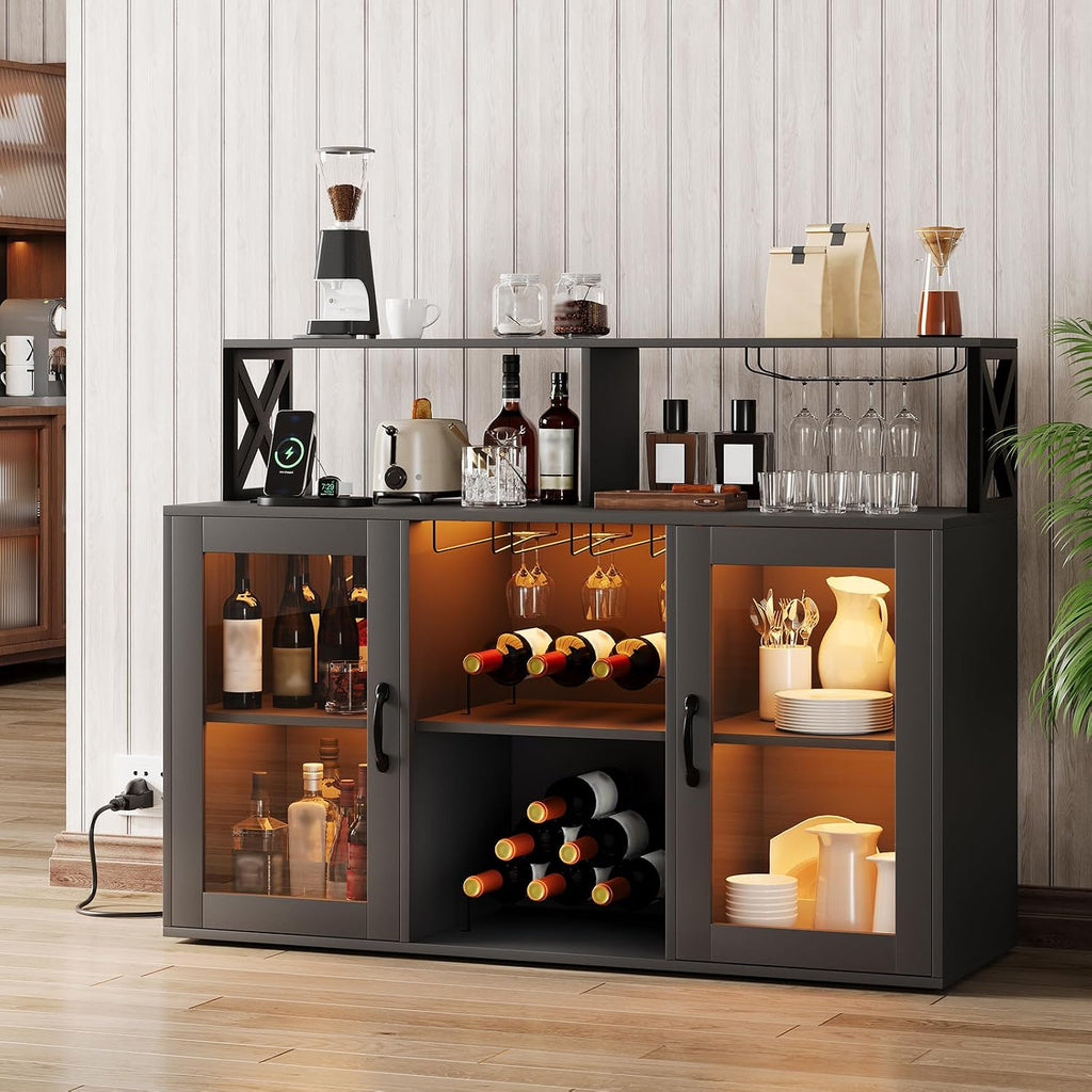 Garvee Wine Cabinet with LED Light, Bar Cabinet with Wine Rack, Glass Holder, and Power Outlets, for Living Room Dining Room, Black