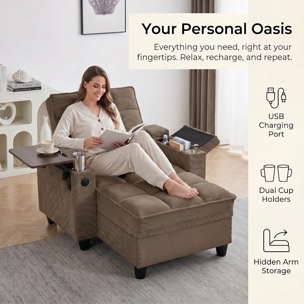 Convertible Sleeper Chair, Pull Out Sofa Bed with Adjustable Backrest & Hidden Storage Armrest, Single Sofa Recliner with USB Charging Port & Cup Holders for Living Room, Bedroom, Dark Gray