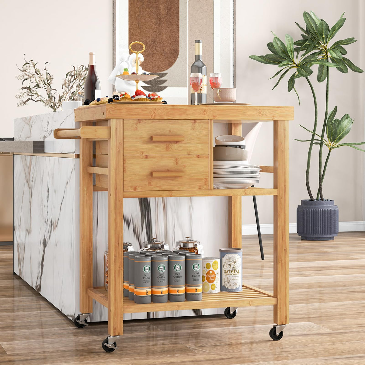 Bamboo Kitchen Island Cart with Storage, Rolling Butcher Block