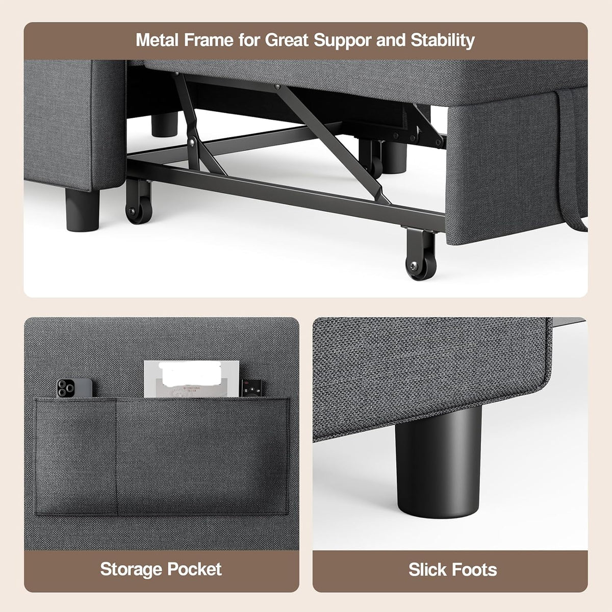 Ahomly Convertible Sofa Chair Bed, 3-in-1 Linen Pull Out Chair, Dark Gray