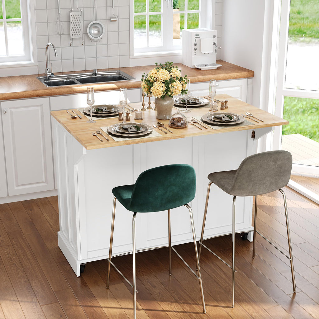HLR Kitchen Island with Drop Leaf & Storage, Solid Rubber Wood Top Rolling Kitchen Cart with Carved Recessed Panel Doors, Large Mobile Island Table on Wheels for Kitchen, Dining Room (Green)