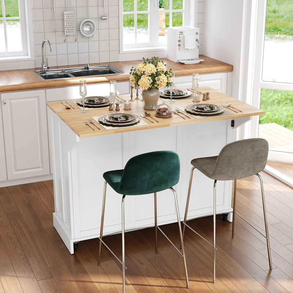 HLR Kitchen Island with Drop Leaf & Storage, Solid Rubber Wood Top Rolling Kitchen Cart with Carved Recessed Panel Doors, Large Mobile Island Table on Wheels for Kitchen, Dining Room (Green)