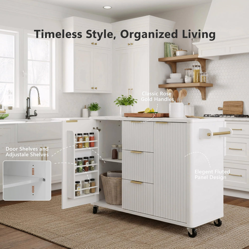 Large Fluted Kitchen Island Cart on Wheels with Storage, Natural