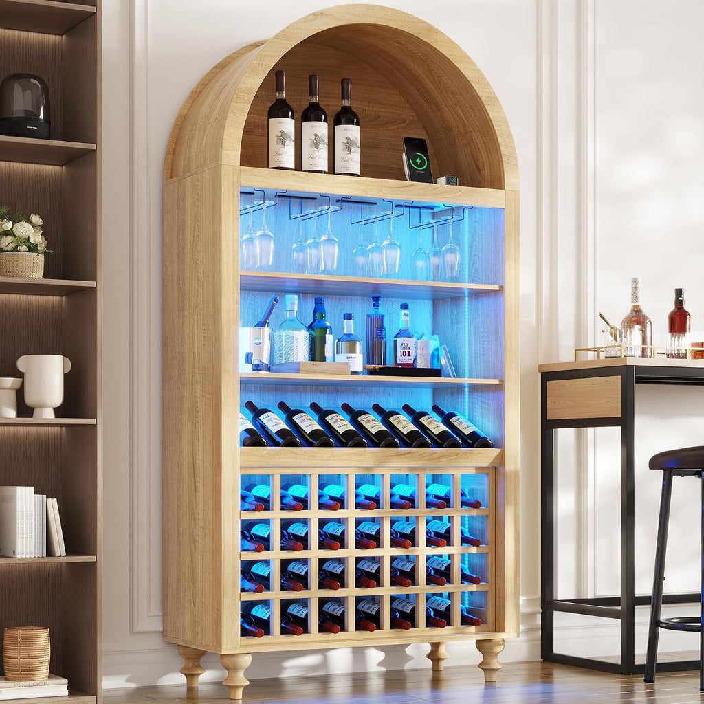 71" Tall Arched Wine Bar Cabinet with Wine Racks & Glass Holder, Wide Liquor Cabinets with LED Lights & Charing Ports, Kitchen Pantry Cupboard, Coffee Bar Storage Cabinet for Home, Dining Room (Oak)