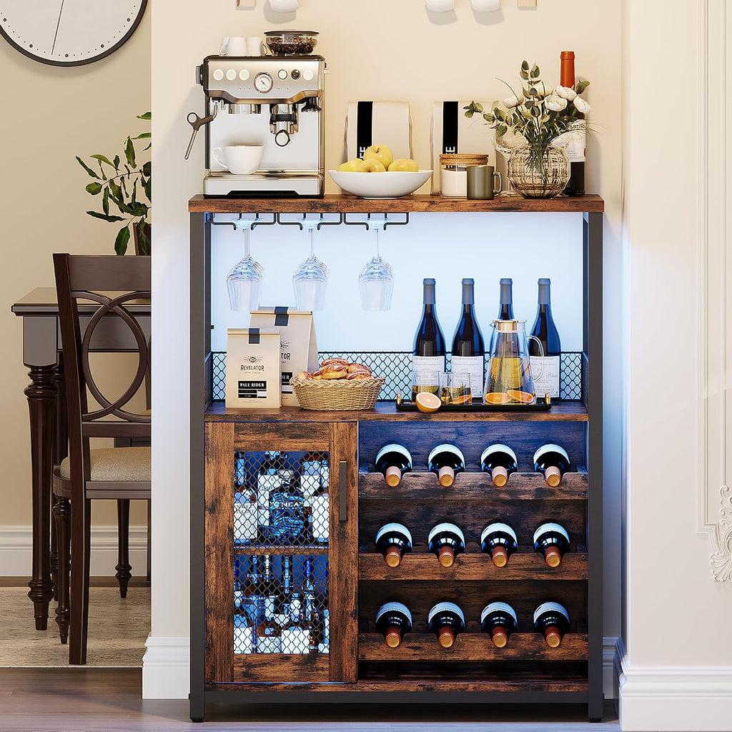 GarveeHome Wine Bar Cabinet with LED Lights, Liquor Cabinet with Storage