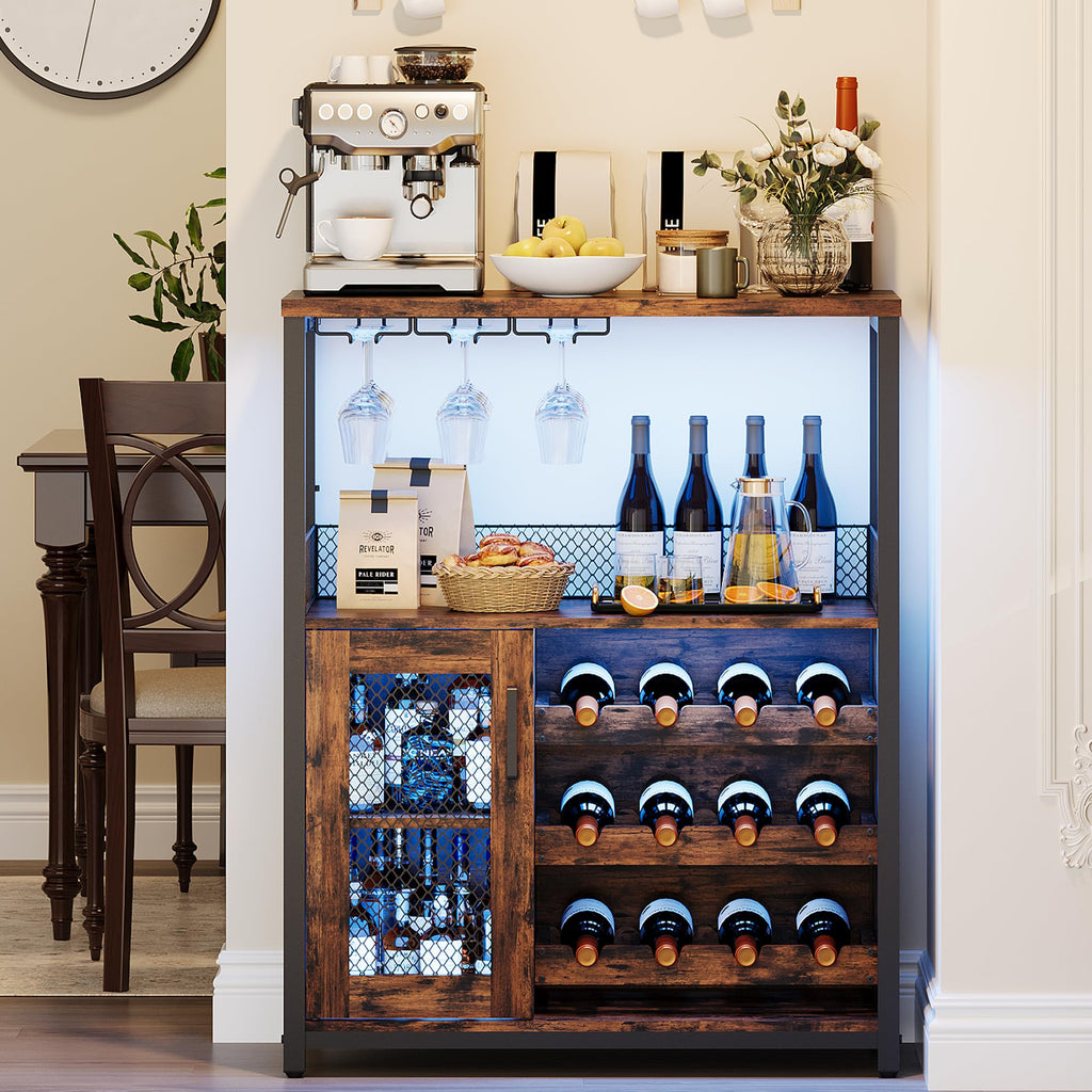 Wine Bar Cabinet, 3-Tier Detachable Wine Rack, Stemware Glass Holder, Mesh Door & Storage Shelves, Liquor Storage Buffet Sideboard for Kitchen, Dining Room, Living Room or Home Bar - Black