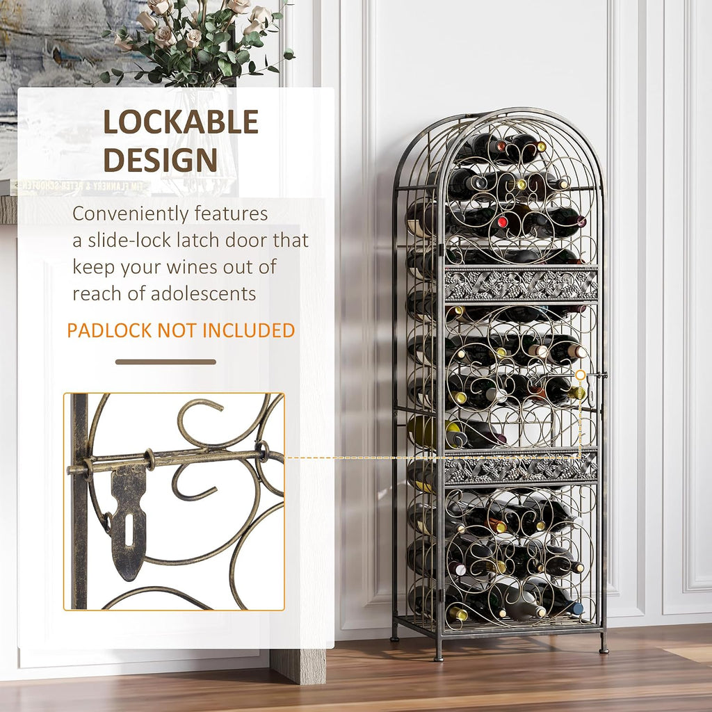 HOMCOM 45 Bottle Wrought Iron Wine Rack Jail with Lock Antique Bronze