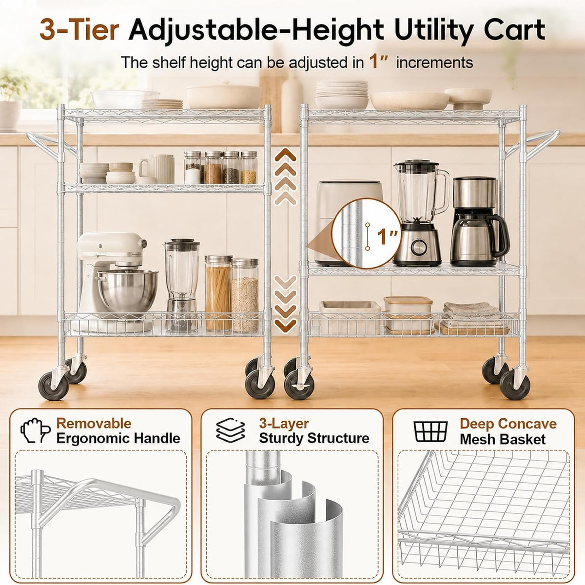 3-Tier Kitchen Storage Cart with Wheels, Rolling Utility Cart