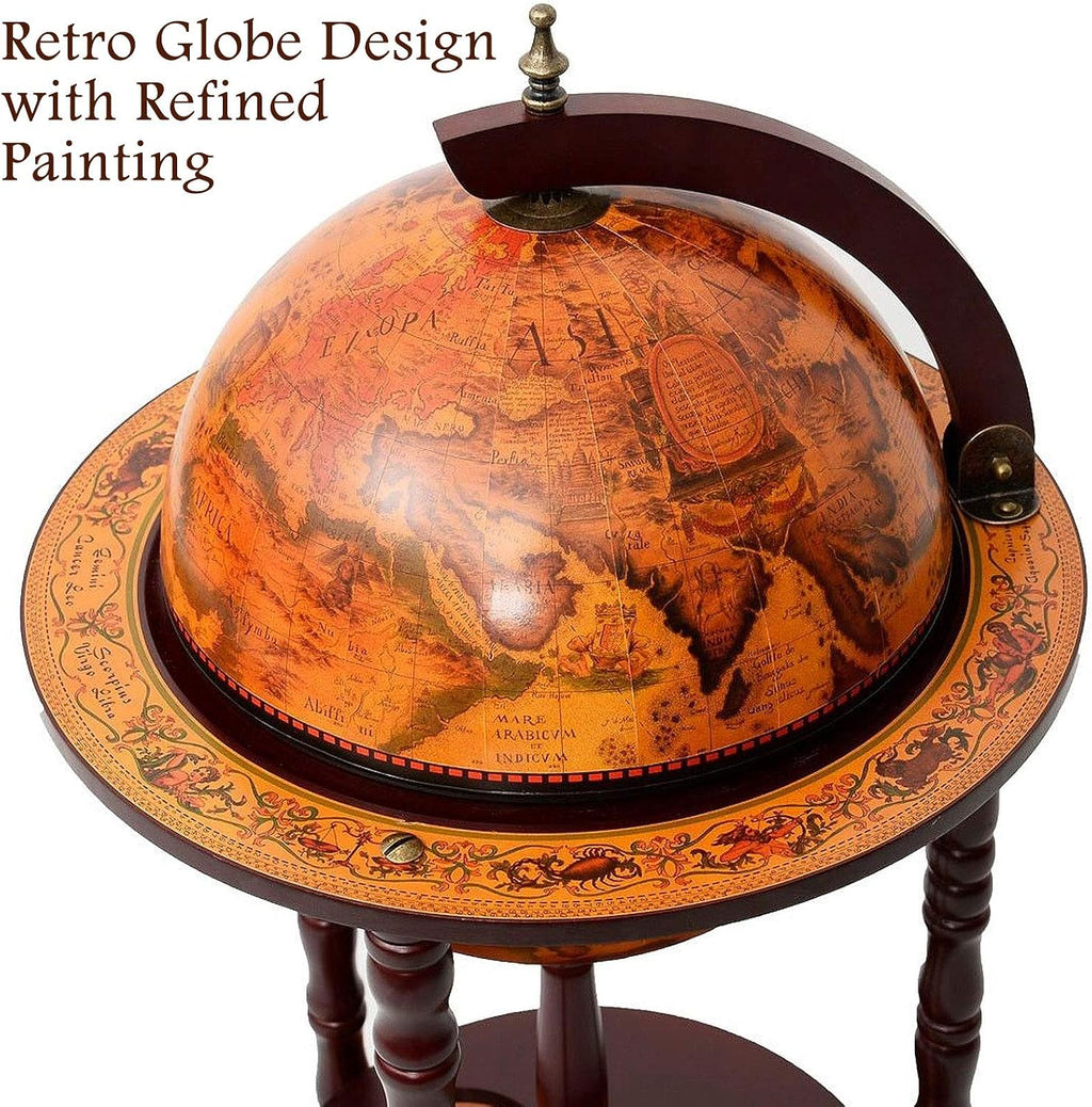 HAPPYGRILL Globe Bar, 17.5â Wine Bar Stand Italian Wooden Globe Wine Cart Liquor Bottle Shelf, 16th Century Retro Wine Cupboard with Wheels for Dining Room Living Room, Retro Brown