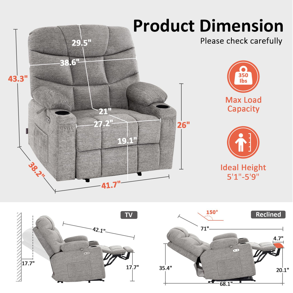 MCombo Power Lift Recliner for Elderly, Fabric 7287 (Light Grey, Medium)