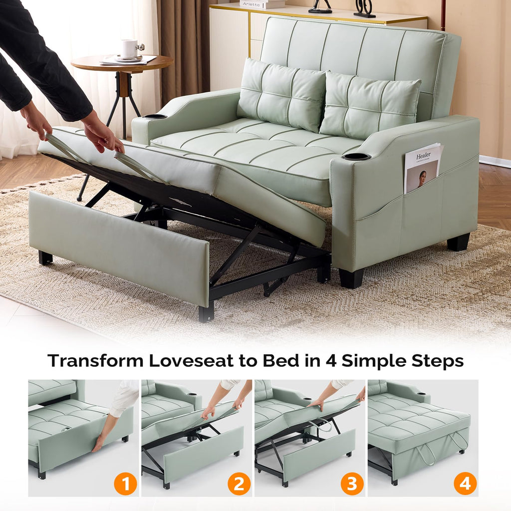 VINGLI Light Grey Futon Sofa Bed Convertible Loveseat Sleeper Couch, Faux Leather Pullout Sofa Fold Out Couch Bed with USB Ports, Cup Holders, Armrest for Living Room, Bedroom Apartment Room