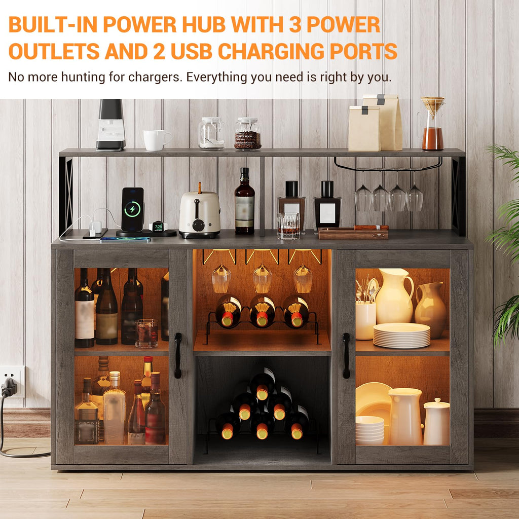 Garvee Wine Cabinet with LED Light, Bar Cabinet with Wine Rack, Glass Holder, and Power Outlets, for Living Room Dining Room, Black