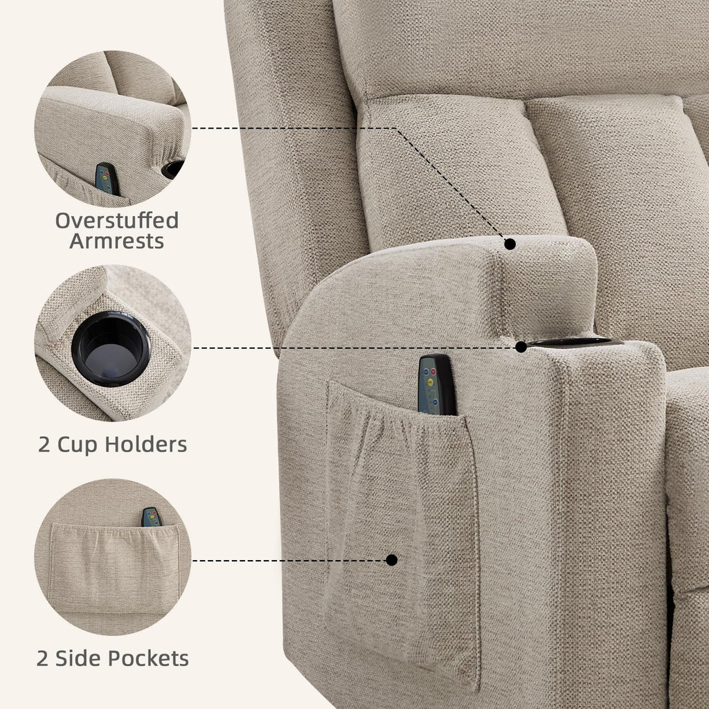 CANMOV Manual Recliner Chair with Massage and Heat, Soft Fabric Recliner Chair with Overstuffed Arm and Back, Manual Reclining Single Sofa with 2 Cup Holders, Side Pocket for Living Room, Dark Grey