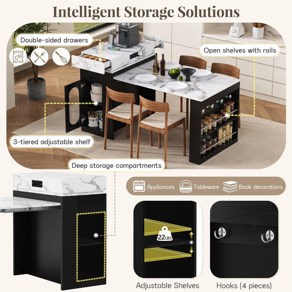 Extendable Dining Table with Folding Tabletop & Power Outlet, Modern Kitchen Island Sideboard with Wheels, Hidden Drawers & USB Charging, Sturdy Buffet Table for Small Spaces (Black)