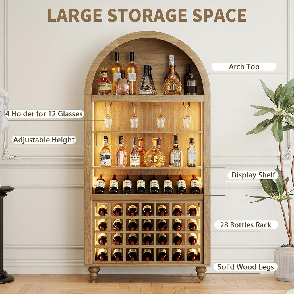 71" Tall Arched Wine Bar Cabinet with Wine Racks & Glass Holder, Wide Liquor Cabinets with LED Lights & Charing Ports, Kitchen Pantry Cupboard, Coffee Bar Storage Cabinet for Home, Dining Room (Oak)