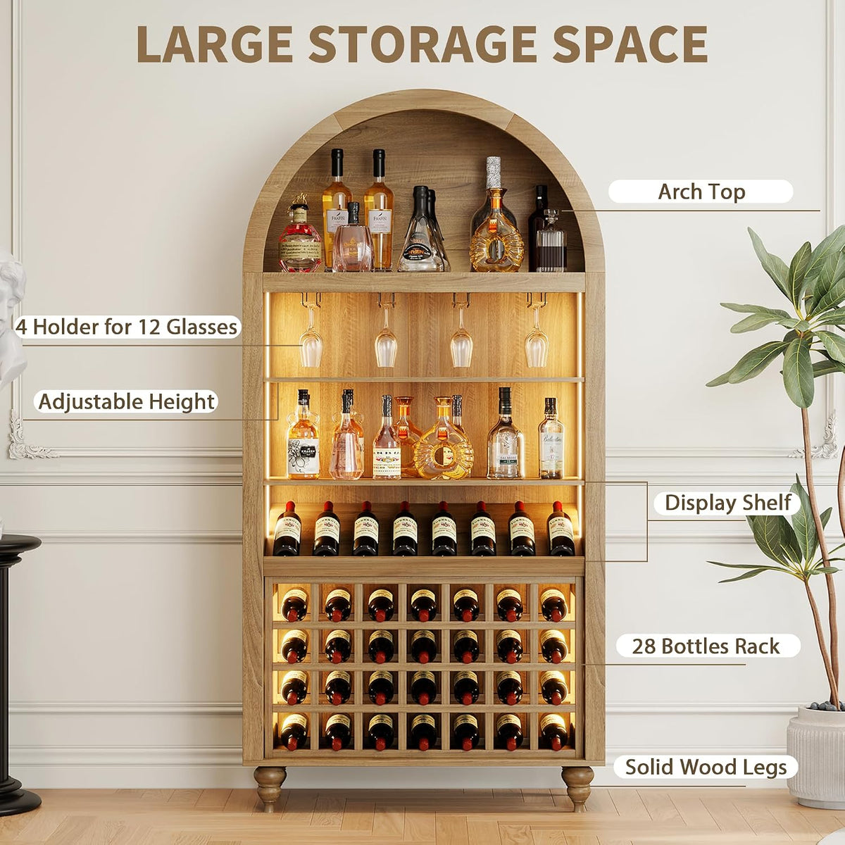 71" Tall Arched Wine Bar Cabinet with Wine Racks & Glass Holder, Wide Liquor Cabinets with LED Lights & Charing Ports, Kitchen Pantry Cupboard, Coffee Bar Storage Cabinet for Home, Dining Room (Oak)