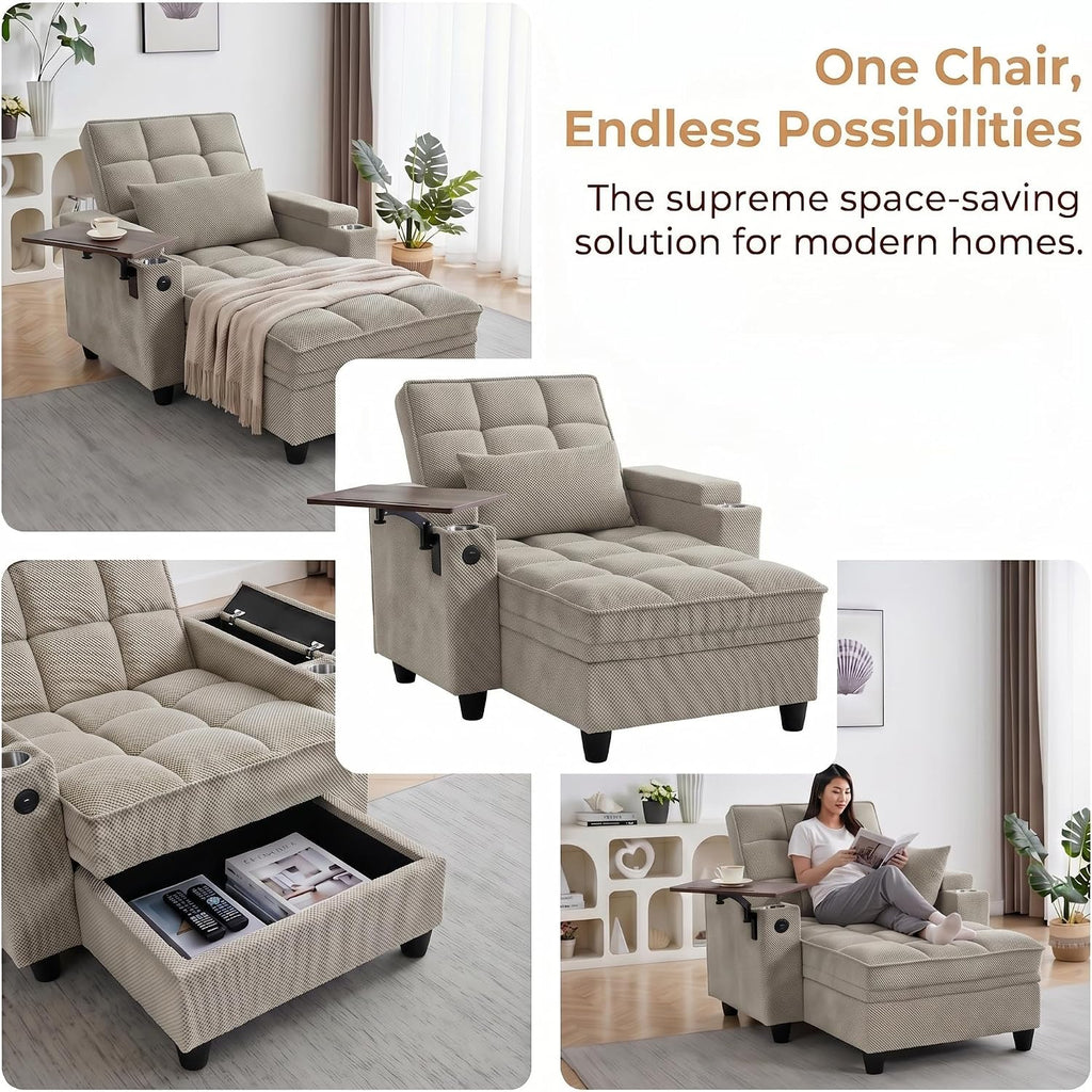 Convertible Sleeper Chair, Pull Out Sofa Bed with Adjustable Backrest & Hidden Storage Armrest, Single Sofa Recliner with USB Charging Port & Cup Holders for Living Room, Bedroom, Khaki