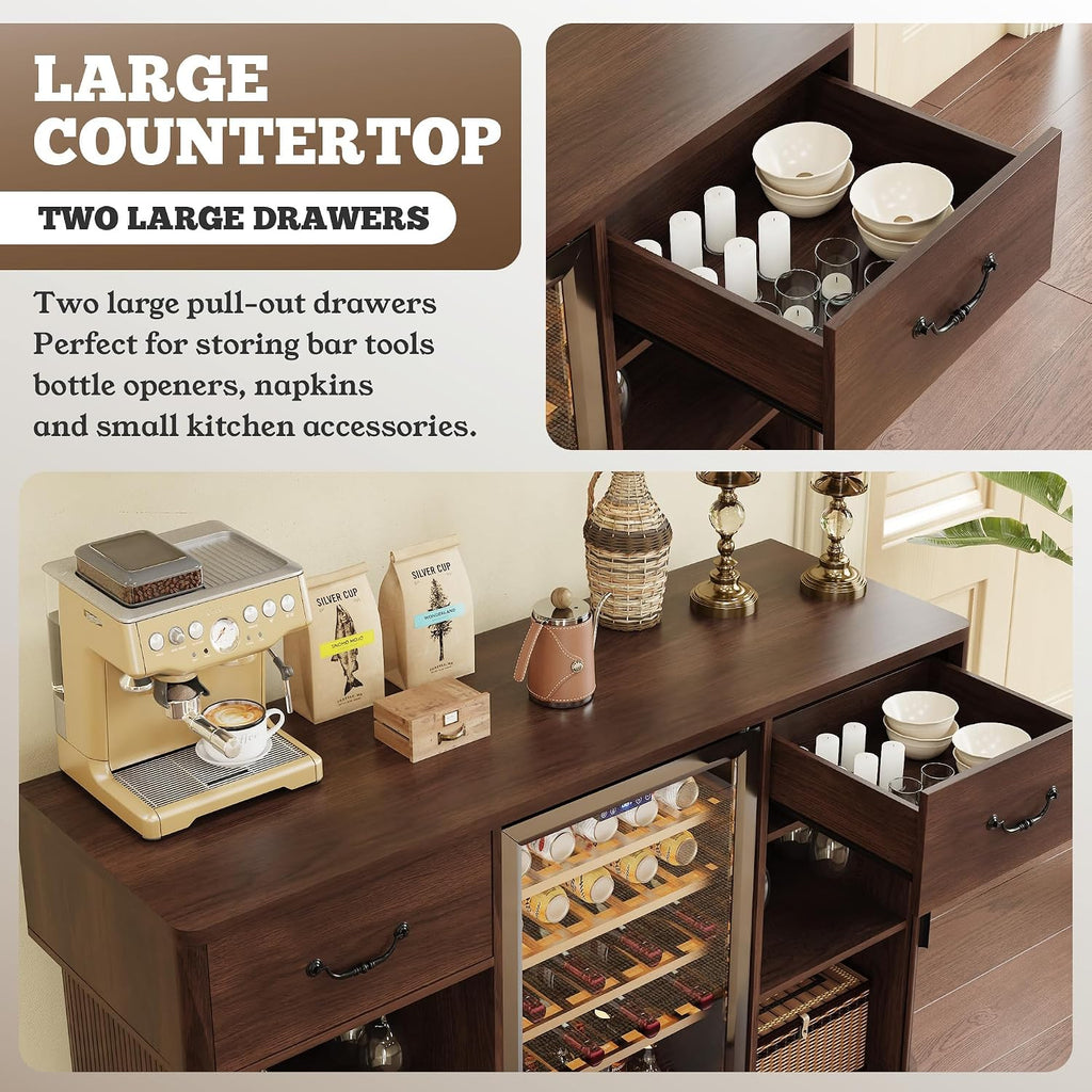 Large Coffee Bar Cabinet with Mini Fridge Space, Liquor Wine Bar Cabinet with Drawer and Glass Holder, Buffet Sideboard Table for Kitchen, Dining Room, Living Room