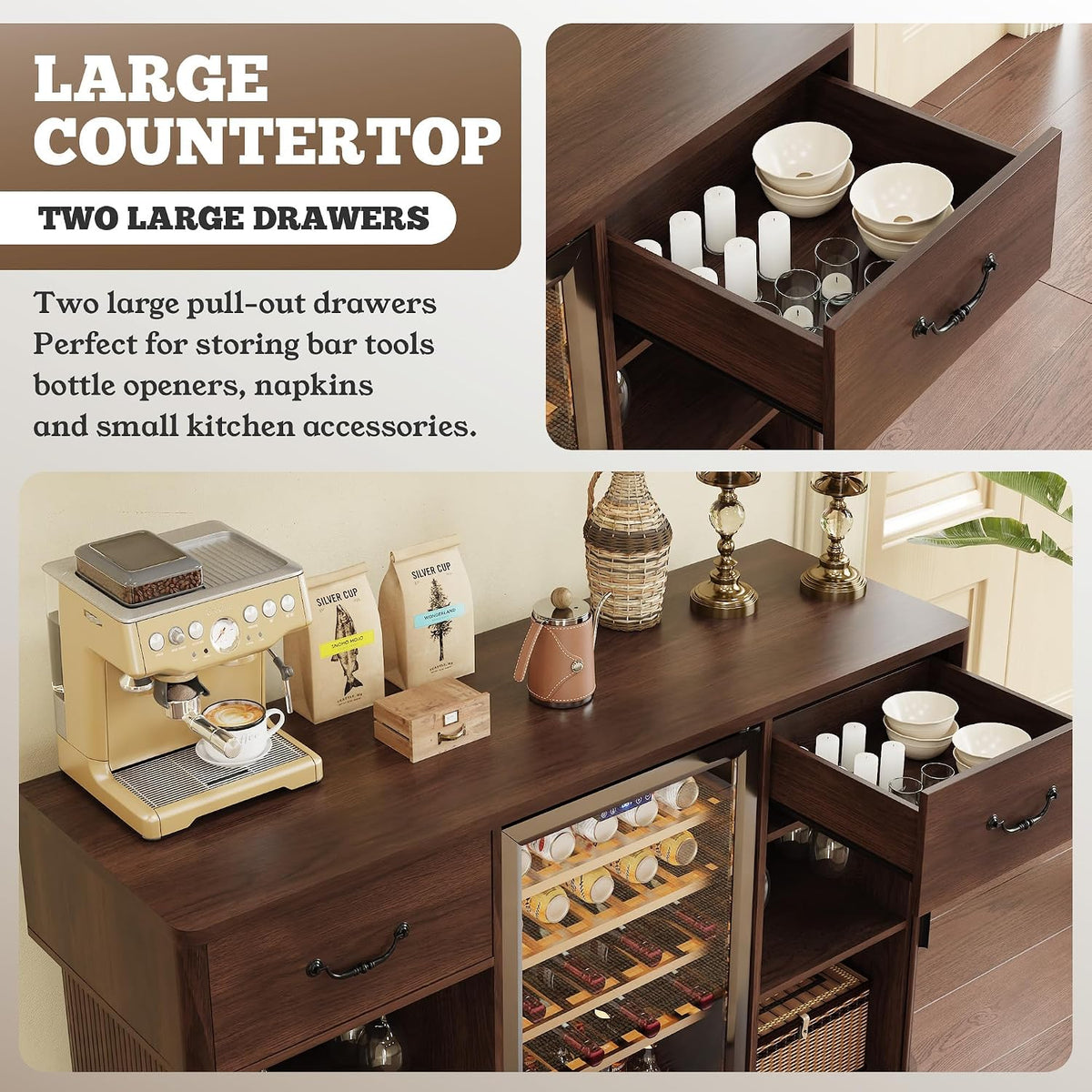 Large Coffee Bar Cabinet with Mini Fridge Space, Liquor Wine Bar Cabinet with Drawer and Glass Holder, Buffet Sideboard Table for Kitchen, Dining Room, Living Room