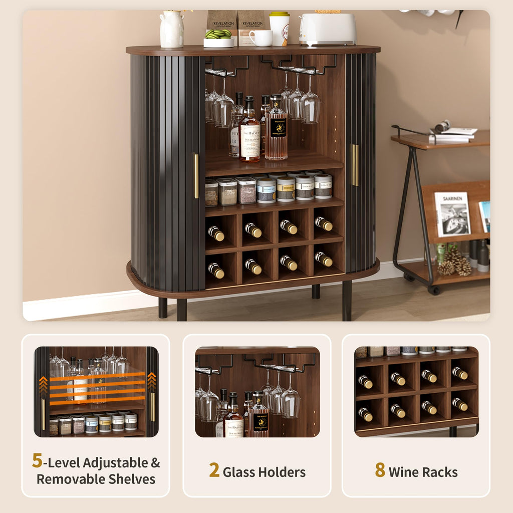 28" Fluted Wine Bar Cabinet with Storage, Modern Liquor Cabinets, Walnut
