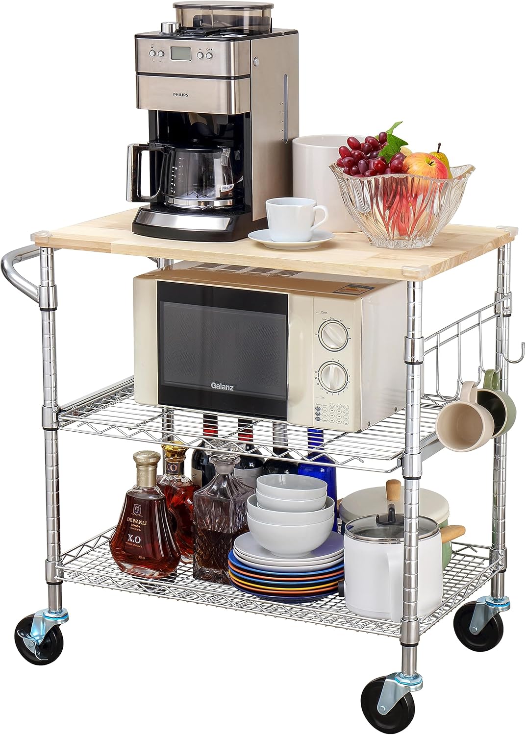 Finnhomy 3-Tier Rolling Kitchen Cart With 18" D x 30" W Oak Wood Tabletop, Kitchen Island With 4" Wheels and Slider Shelf, Microwave & Coffee Cart With Hooks for Dining Room, Chrome